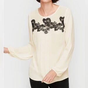 Talbots Elegant Cream Blouse with Black Lace Detail pintuck detail popover